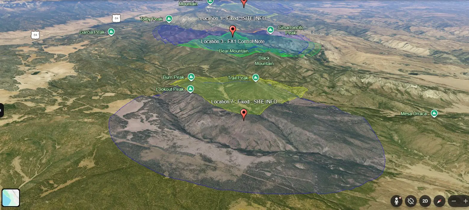 Google Earth map view of Philmont Scout Ranch radio infrastructure based on FCC ULS data