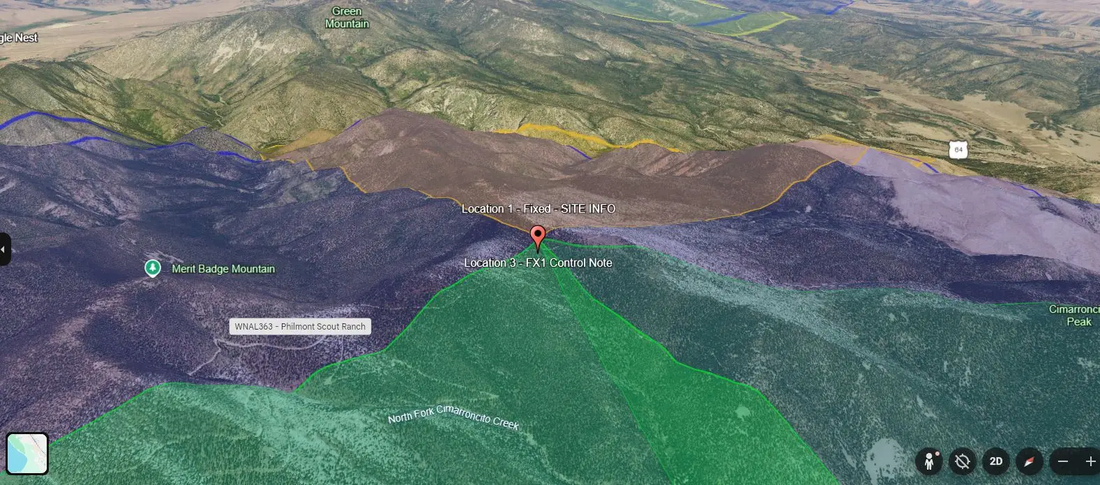 Google Earth KML map showing Philmont radio site visualization from FCC licensing records