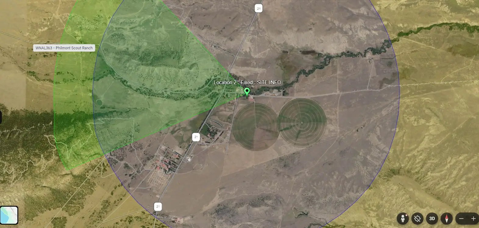 Google Earth radio site overlay view for Philmont infrastructure project