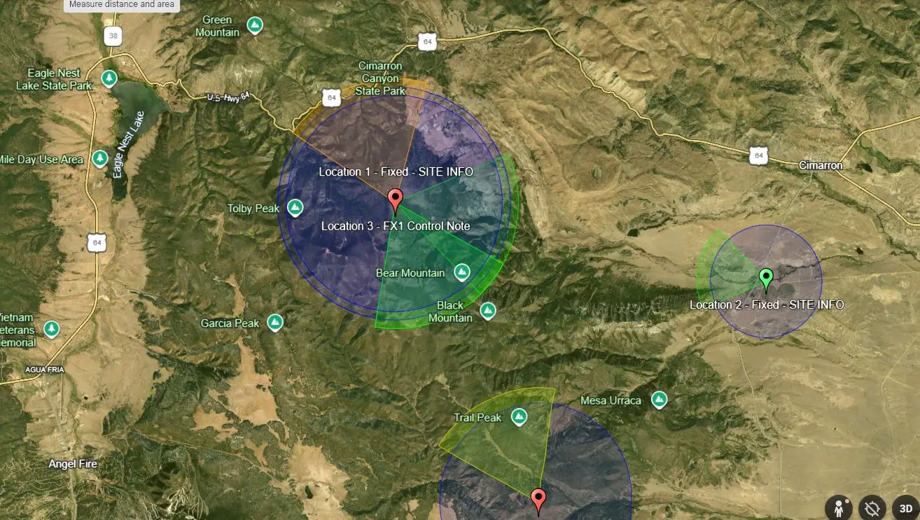 Original Google Earth map showing older overlay styling for Philmont radio sites