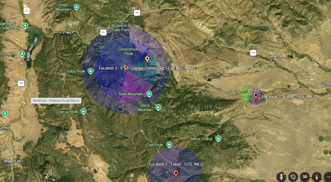 Earlier Google Earth version of Philmont radio infrastructure map with darker sector colors