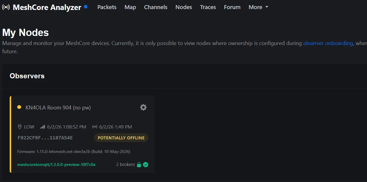MeshCore Analyzer showing observer node potentially offline